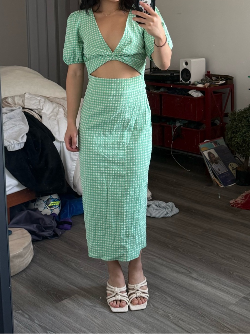 Zara Green Gingham Midi Dress with Cutout - Picture 3 of 4